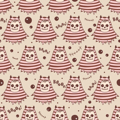 Cute Halloween Ghost Pattern with Striped Costumes and “Boo” Text. Ideal for Halloween textiles, party decor, wrapping paper, greeting cards, and seasonal digital designs