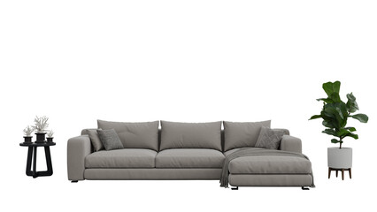 a couch and ottoman in a room with a plant