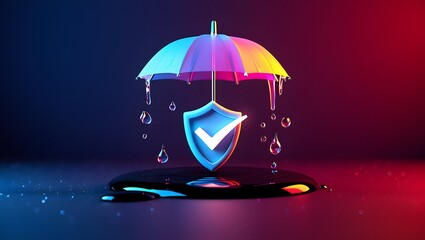 Futuristic tech insurance concept. Shield protected by umbrella. Checklist design. Modern tech design. Safe, secure cover. Safe policy. 3D illustration. Dark background. Digital plan. Covering needs.