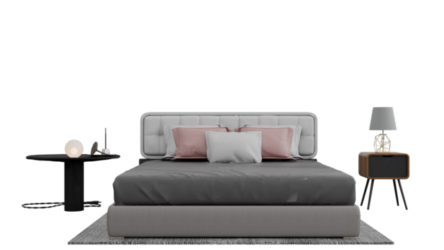 a bed with a gray headboard and pink pillows