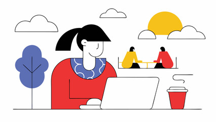 Woman Working on Laptop in Outdoor Cafe