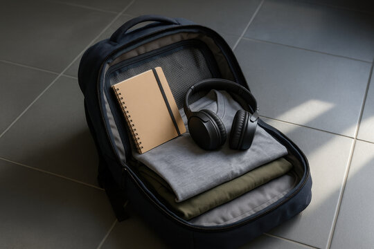 Open backpack neatly packed with folded clothes, notebook, and headphones on tiled floor, ready for travel and organization
