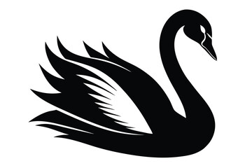 Elegant swan silhouette displays smooth, black plumage against a clean, white background in graceful form