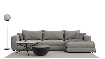 a couch and a table on a white floor