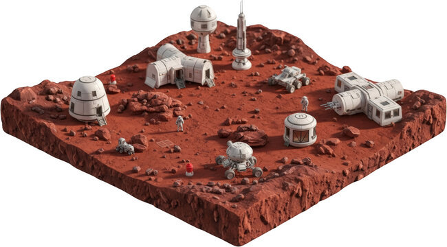Martian Colony Futuristic Habitat Structures and Rovers on Red Planet Surface - Powered by Adobe