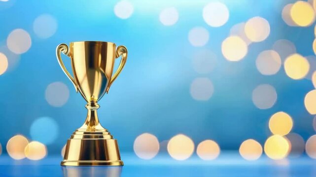 golden trophy award bokeh soft blue background. copy space for text. Winner or 1st place gold trophy award concept.
