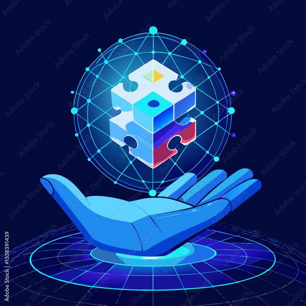 Poster hand holding puzzle cube with digital network representing technology and solutions