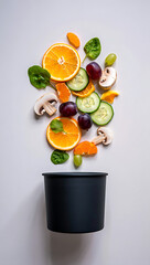 Fresh fruits and vegetables falling into a black trash can on a light grey background