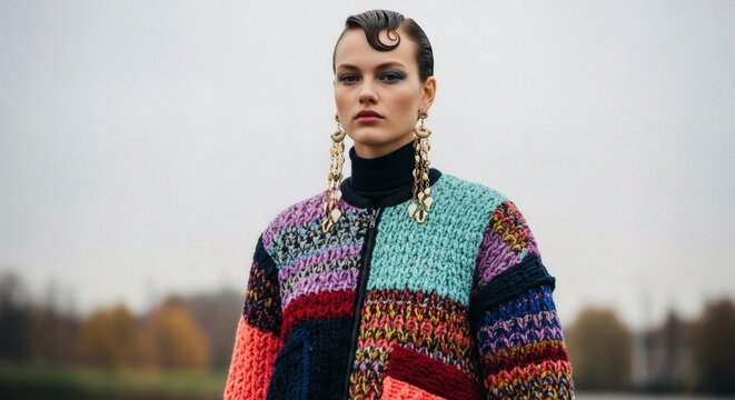 Woman in colorful crochet patchwork jacket fashion model runway style statement earrings and slicked back hair