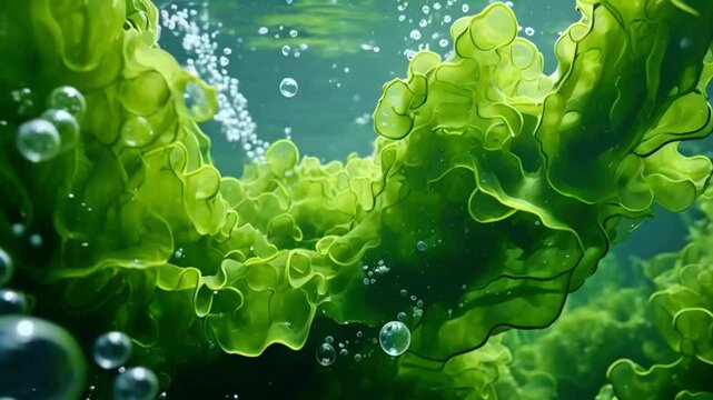 green seaweed ulva lactuca algae swing underwater with bubbles..