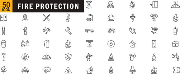 Fire protection icon pack. Fire safety symbols, fire extinguisher, emergency exit, fireproofing, rescue tools, suppression systems.