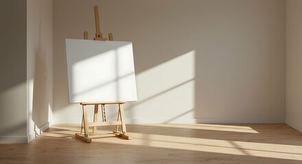 Blank canvas on a wooden easel in a sunlit minimalist room, ready for art