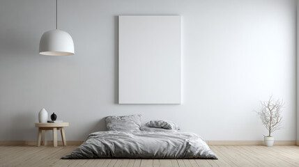 Minimalist bedroom scene featuring a blank wall, ideal for showcasing art or interior mockups