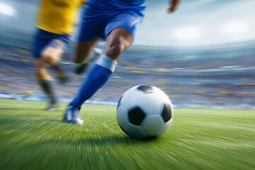 Fototapeta premium Soccer player in blue kit races towards black and white ball on vibrant green field. Energetic atmosphere in stadium. Concept of sports, athleticism, team competition