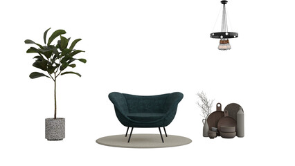 a living room with a chair  plant  and a lamp