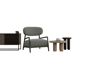 a chair  table and side table in a room