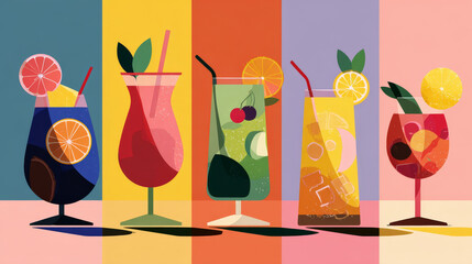 Modern flat design of cocktail silhouettes in vibrant colors, suited for menus, branding, or lifestyle banners