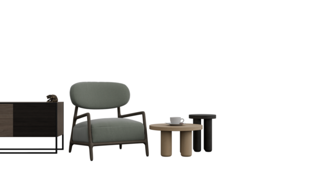 a chair  table and side table in a room