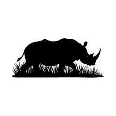 Detailed Black and White Silhouette of a Rhinoceros in Profile – Set Against a Grassy Field and Natural Landscape