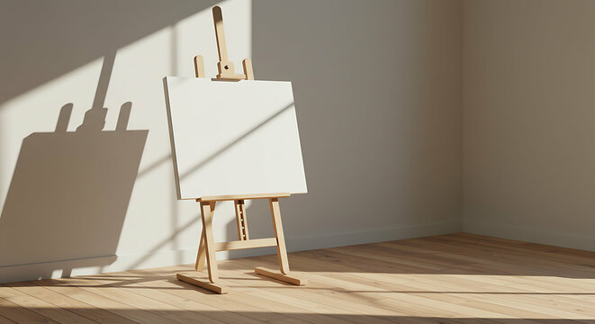 Empty canvas on wooden easel illuminated by sunlight in art studio space