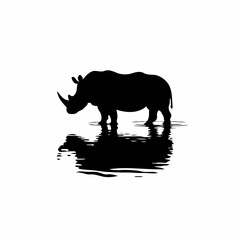 Intricate Rhino Silhouette Standing in Water – High Contrast Digital Art with Dark Background and Detailed Design