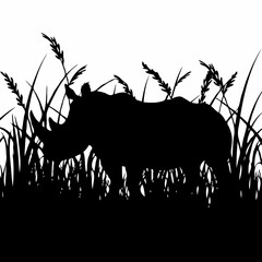Highly Detailed Black and White Silhouette of a Rhinoceros in Tall Grass – Photorealistic and Intricate 8K Digital Illustration Trending on ArtStation”