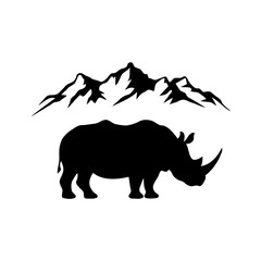Black and White Minimalist Art of a Rhinoceros Silhouette Against a Mountainous Landscape – A Striking Fusion of Wildlife and Nature in Clean, Monochrome Design