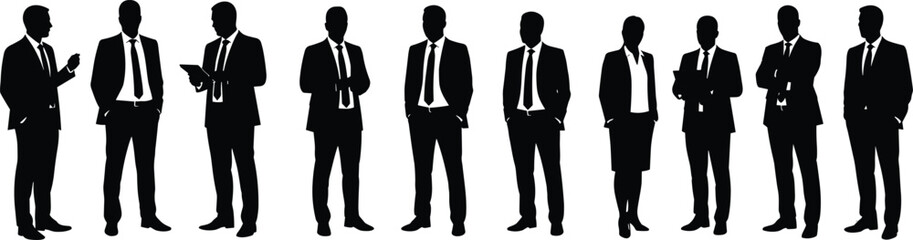 Silhouette of business professionals in formal attire, standing pose, office worker team, male and female, vector illustration set