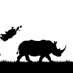 “Dark and Moody Black Silhouette of a Rhinoceros in a Grassy Field – High-Contrast Minimalist Digital Art with Detailed Outline and Dramatic Lighting