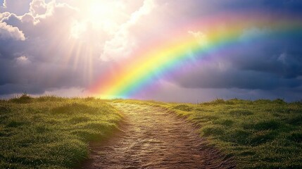 A path through grassy hills leads to a vibrant rainbow, bathed in sunlight and dramatic clouds