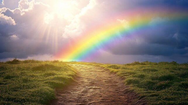 A path through grassy hills leads to a vibrant rainbow, bathed in sunlight and dramatic clouds - Powered by Adobe
