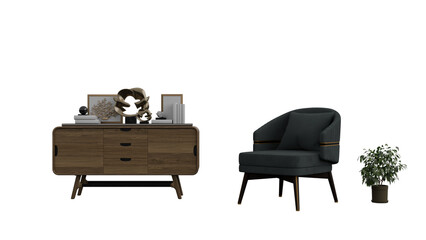 a chair and a table with a plant on it