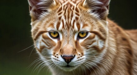 Obraz premium Close up portrait of a bobcat looking at the camera with intense yellow eyes and orange striped fur face