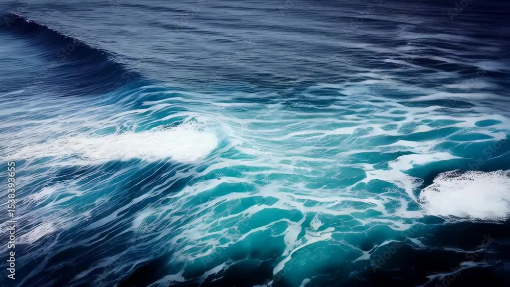 Poster aerial view of ocean waves and foam in shades of blue and white creating mesmerizing patterns of wat