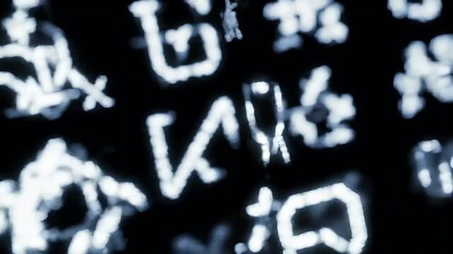 Closeup of glowing digital code and mathematical symbols in dark environment with dynamic lighting