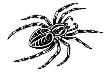 Ornate spider illustration shows detailed body pattern and spiky legs in black silhouette