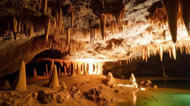 Spectacular underground cave formation with stalactites, reflective water, artificial illumination, and mineral formations