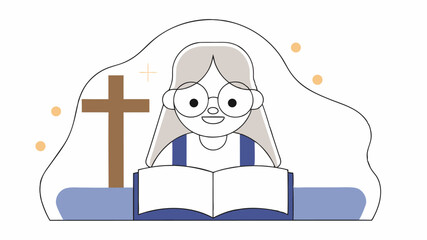 Elderly Woman Reading Bible with Cross