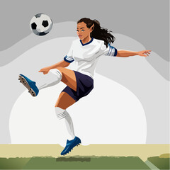 An illustration of a female soccer player with dark hair and pointed ears kicking the ball in the air, wearing a white and navy blue uniform against a gradient background.