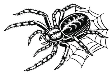 Black arachnid sits on a white cobweb with intricate pattern, isolated object