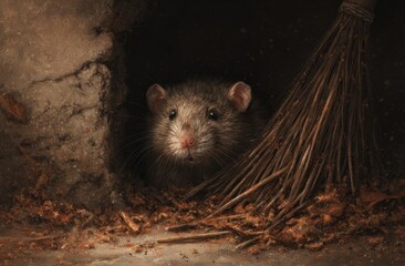 A Curious Rat Peers from its Dusty Burrow next to a Broom in a Realistic Illustration