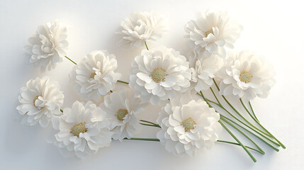 A delicate cluster of white artificial chrysanthemum flowers, with soft petals and green stems, is arranged on a pristine white surface.