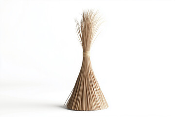 A besom and a shovel, a broom and a dustpan, a sweeping brush, and a broomstick with a yellow handle are isolated on a white background for household cleaning