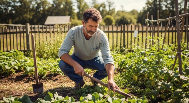 Man gardening organic vegetables in backyard garden tending to plants and soil with garden tools