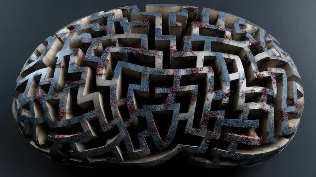 A 3D sculpture in the shape of a brain, covered in a complex maze with red elements, done in dark tones on a dark background