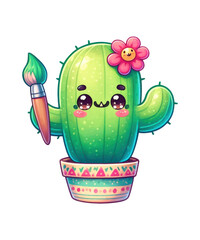 A vibrant vector illustration showcases a garden's flora with a charming basket of spring flowers, a potted cactus, and a leafy plant