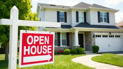 Two-story country house with open house sign - Powered by Adobe