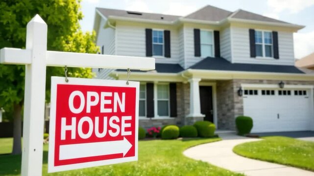Two-story country house with open house sign - Powered by Adobe