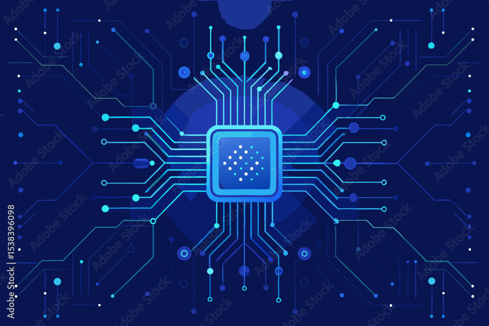 Aufkleber abstract technology circuit board with chip and data flow in blue