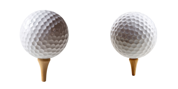 A close-up of two golf balls placed on wooden tees, showcasing their textured dimpled surfaces.